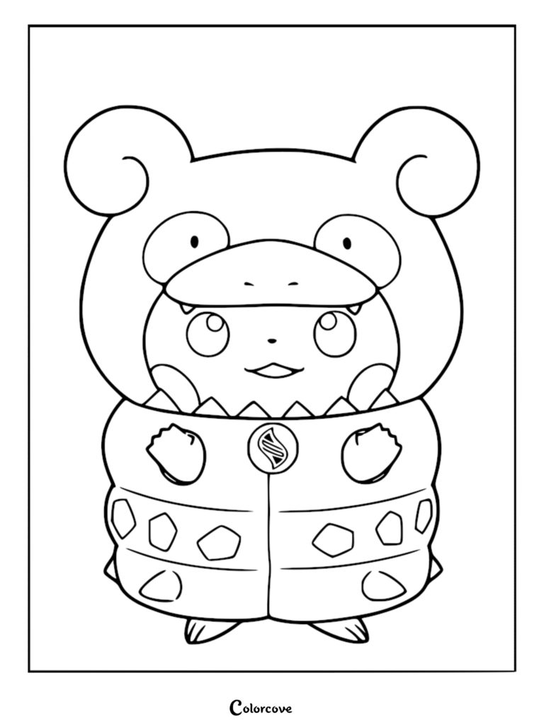 A printable coloring page featuring Pikachu wearing a Mega Slowbro poncho with a Mega Evolution symbol on the chest.