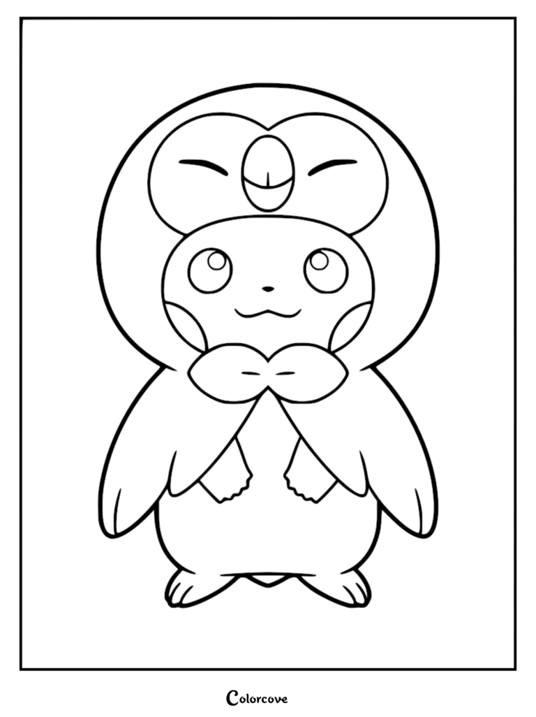 A printable coloring page featuring Pikachu wearing a cute Rowlet poncho with a bowtie, isolated on a white background.