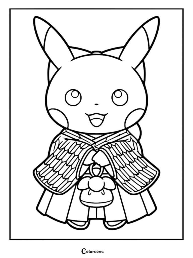 A printable coloring page featuring Pikachu wearing a traditional Japanese hakama outfit with detailed patterns.