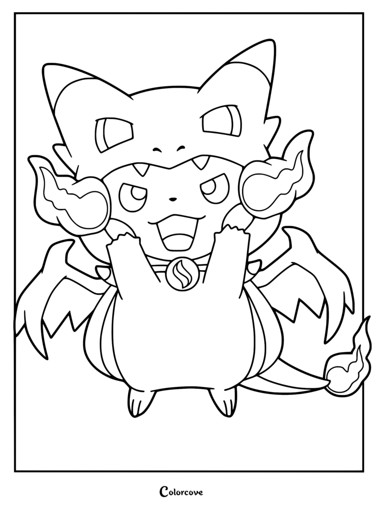 Pikachu dressed in a Mega Charizard X poncho costume.