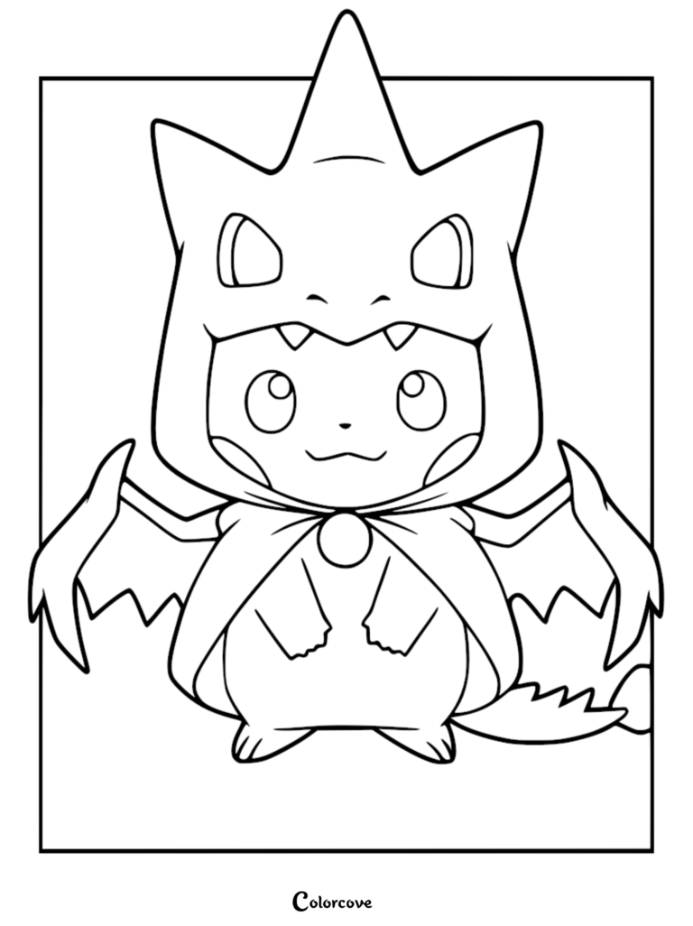 Pikachu dressed in a Mega Charizard Y hooded poncho.