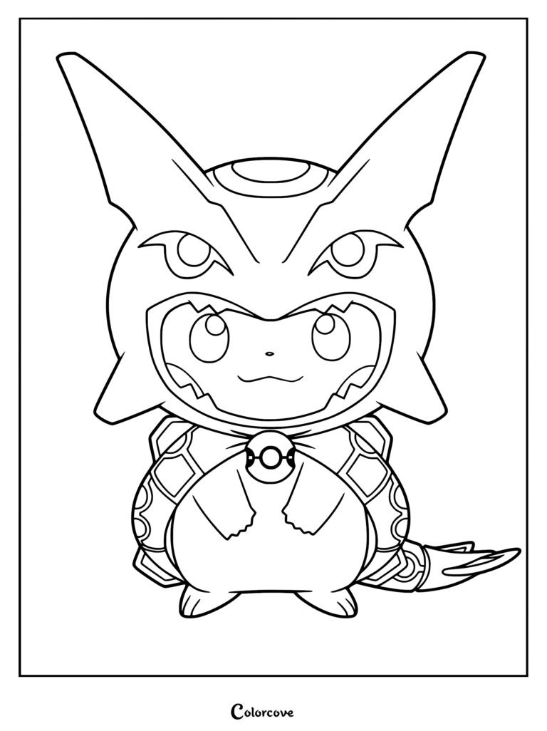 Pikachu wearing a Rayquaza themed poncho and cape.