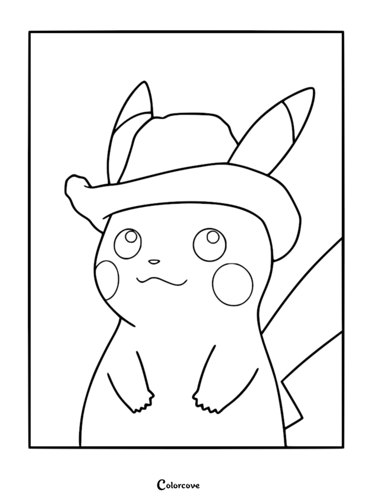 A printable coloring page featuring Pikachu wearing a stylish grey felt hat, inspired by the famous Van Gogh Museum promotional card.
