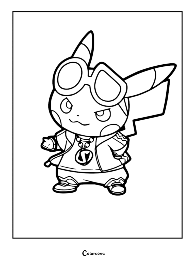 A printable coloring page featuring Pretend Boss Pikachu dressed as Team Skull leader Guzma, wearing oversized goggles, a chain necklace, and a signature jacket.