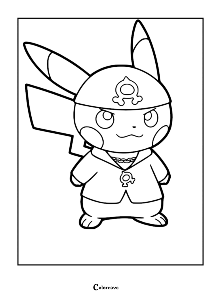 Pikachu dressed as Team Aqua leader Archie wearing a bandana and jacket, featured in a printable coloring page.