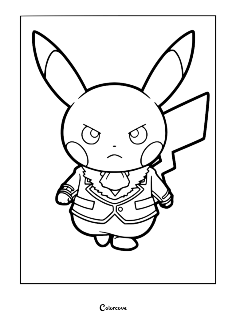 A printable coloring page featuring Pikachu dressed as Team Flare Boss Lysandre, wearing a formal suit and cravat with a stern expression.