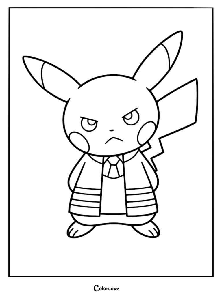A printable coloring page featuring Pikachu dressed as Team Galactic boss Cyrus, wearing his signature striped jacket and tie with a stern expression.