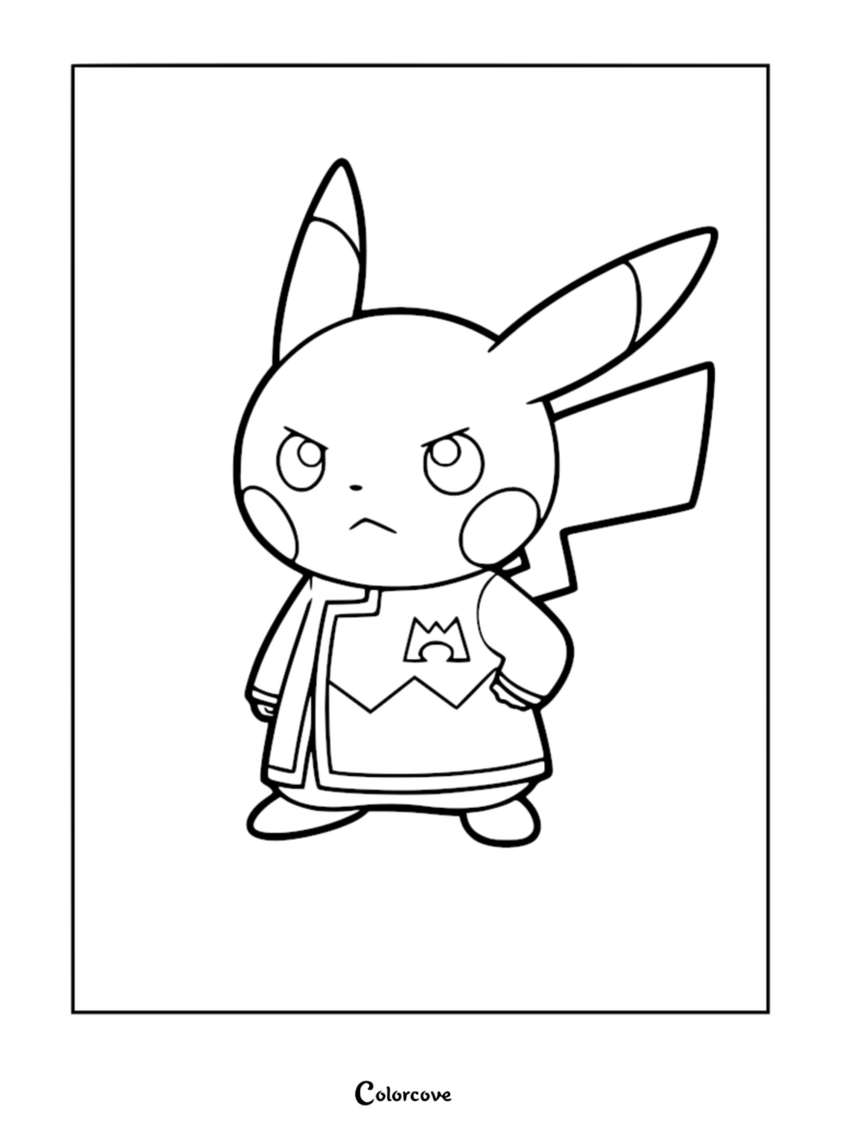 A printable coloring page featuring Pikachu dressed in the Team Magma uniform of Maxie, complete with the iconic logo on the jacket.