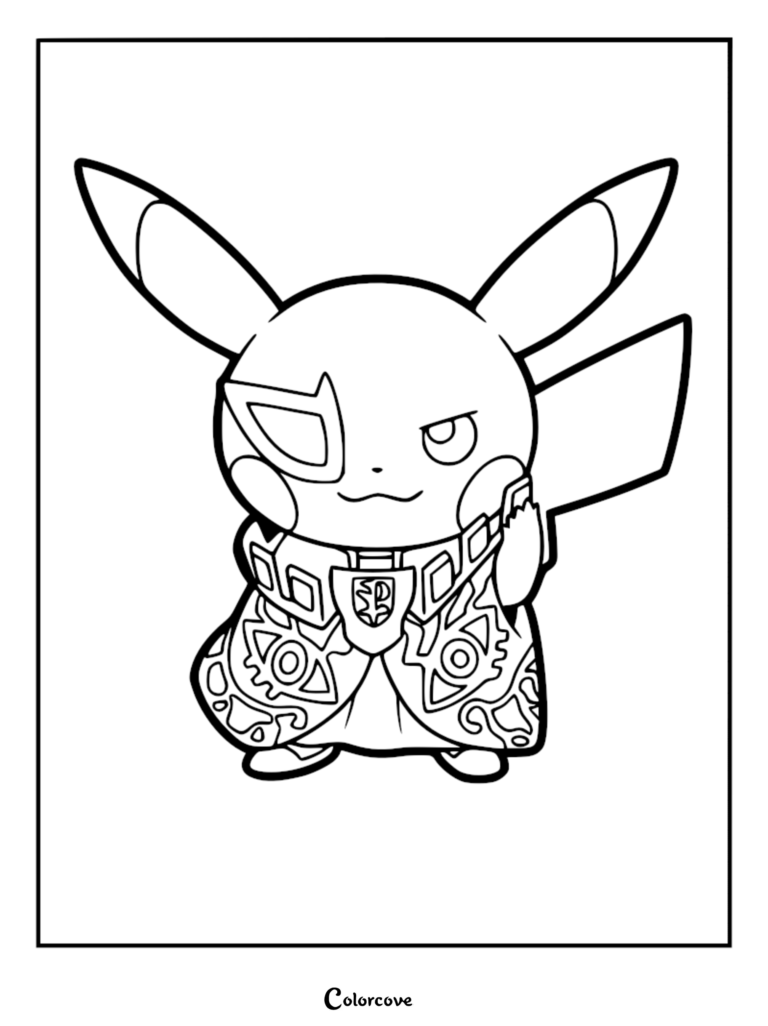 A printable coloring page featuring Pikachu dressed as Team Plasma leader Ghetsis, wearing his signature monocle and ornate patterned robe.
