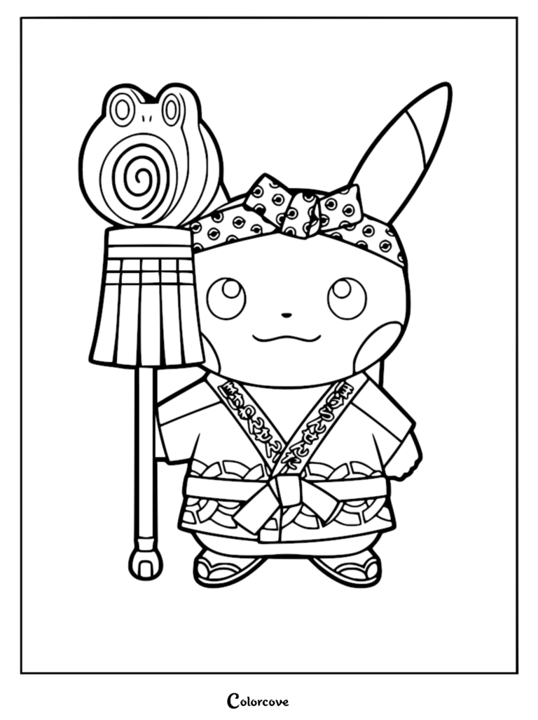 Hikeshi Pikachu wearing a traditional firefighter outfit and headband, holding a matoi standard, in a detailed line art coloring page.