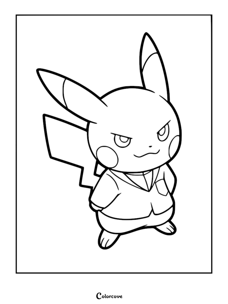 A printable coloring page featuring Pikachu dressed as Giovanni from Team Rocket, wearing a formal suit jacket.