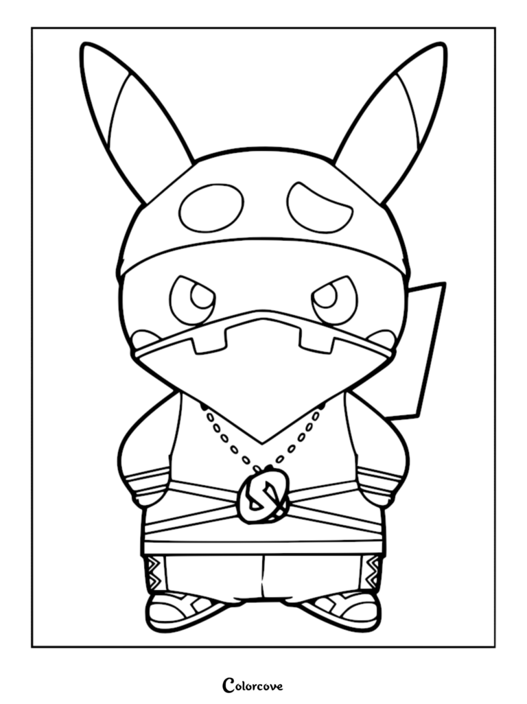 A printable coloring page featuring Pikachu dressed in a Team Skull outfit with a bandana, beanie, and logo necklace.