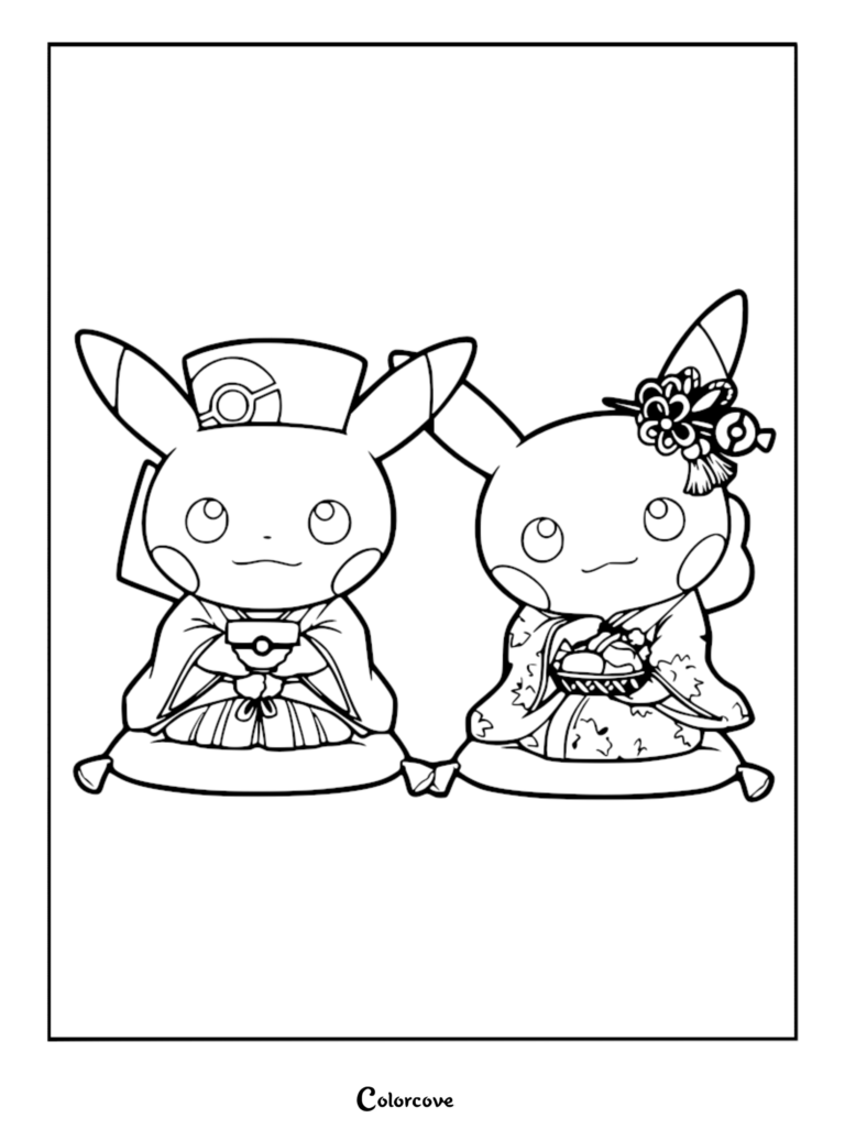 Two Pikachu characters dressed in traditional Japanese kimonos sitting on cushions for a tea party, featured in a detailed line art coloring page.