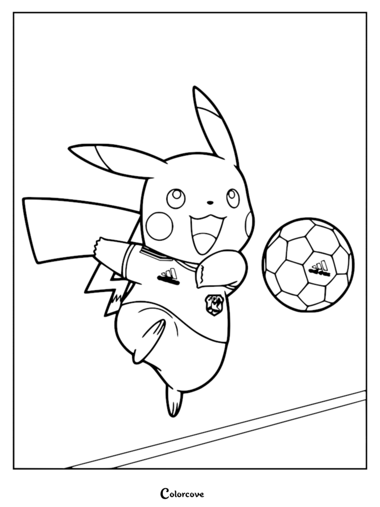 Pikachu wearing a Japan National Football Team kit kicking a soccer ball in this printable coloring page.