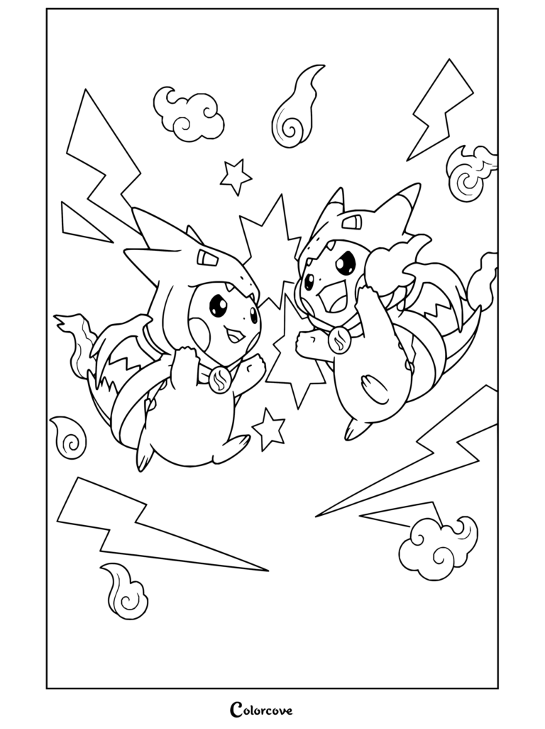 A coloring page of Poncho Pikachu wearing Mega Charizard X and Y costumes while jumping excitedly amidst lightning bolts, clouds, and stars.
