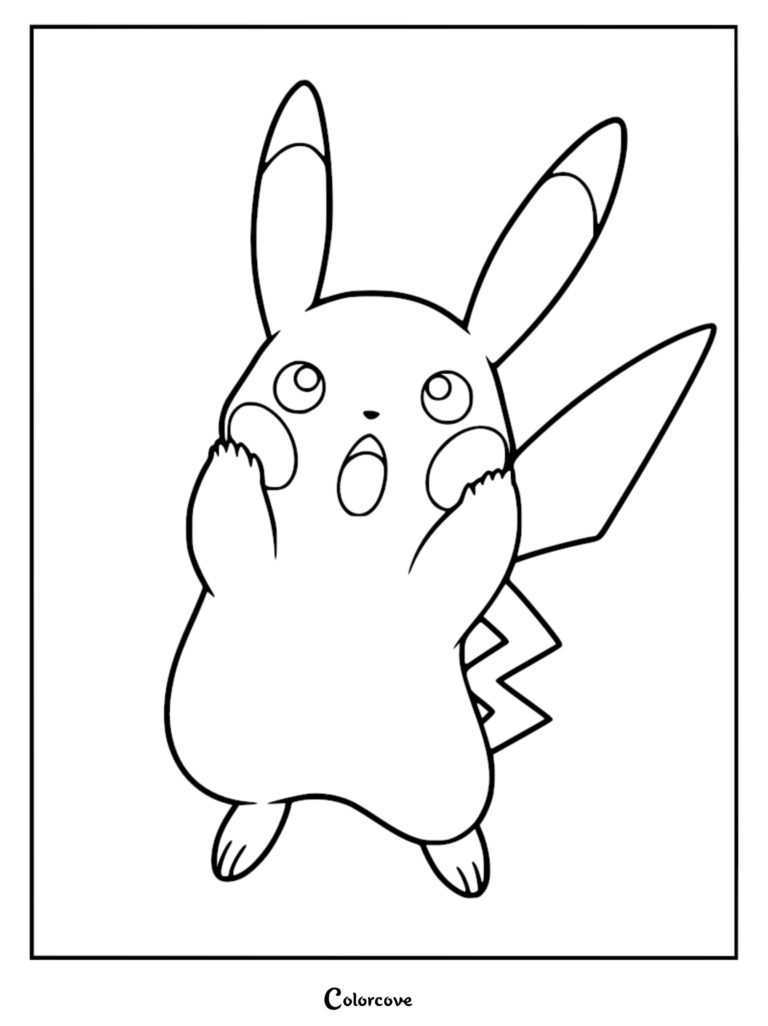Line art of Pikachu mimicking the pose from Edvard Munch's The Scream, suitable as a printable coloring page.
