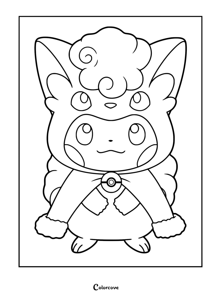 A printable coloring page featuring Pikachu wearing an Alolan Vulpix poncho with a Poké Ball clasp.