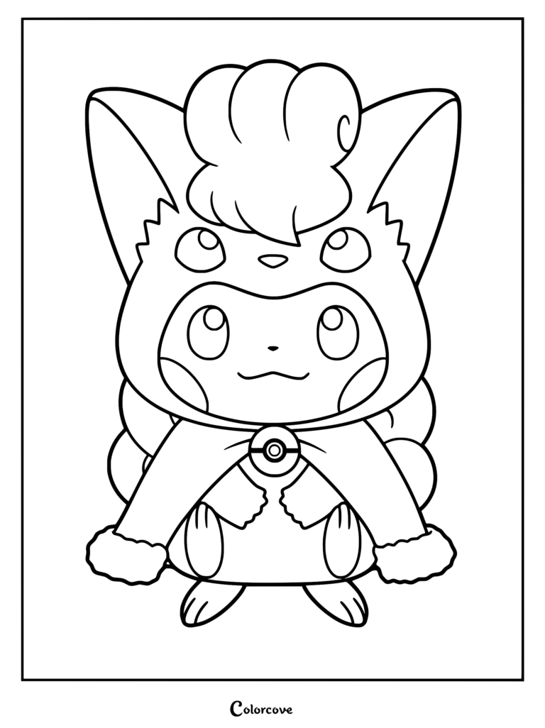 A printable coloring page featuring Pikachu wearing a Vulpix poncho with a Poké Ball clasp.