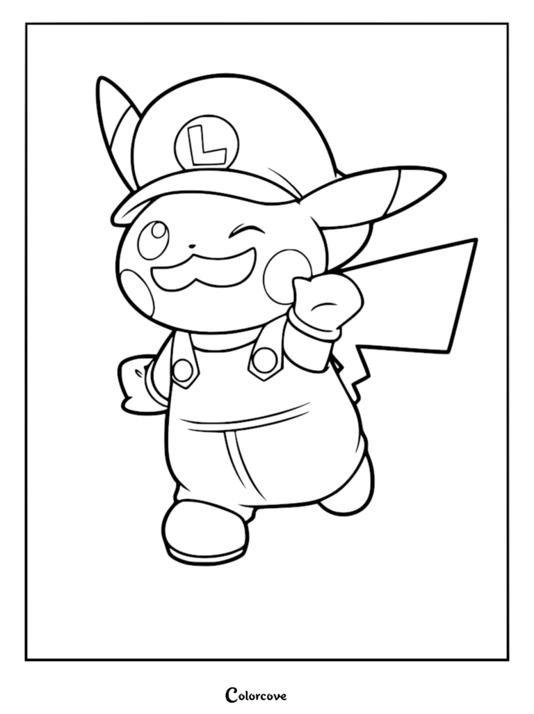 Pikachu wearing a Luigi hat and overalls with a mustache in this printable coloring page.