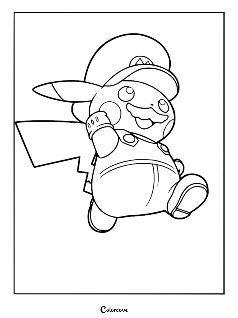 Pikachu dressed as Mario wearing a signature cap and overalls in this printable coloring page.