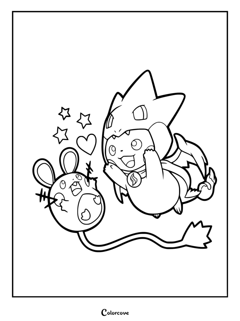 Pikachu wearing a Mega Charizard Y poncho playfully scaring a surprised Dedenne in this printable coloring page.