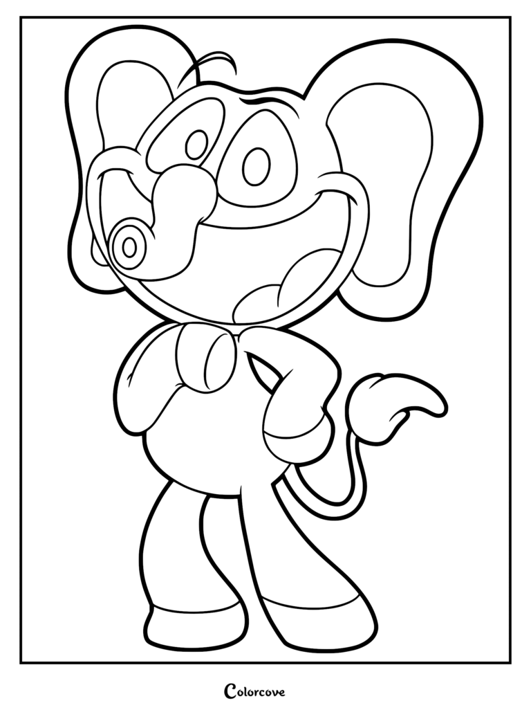 A detailed coloring page of Bubba Bubbaphant from Poppy Playtime, featuring his signature large ears, trunk, and wide, expressive smile in bold black and white line art.