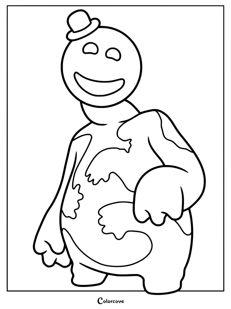 Doey the Doughman from Poppy Playtime, featuring a round head, wide smile, and small top hat, presented as a printable coloring page.