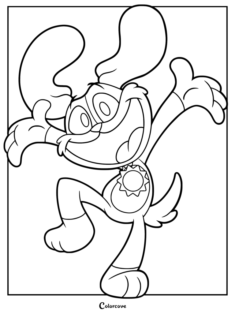 A printable Dogday coloring page showing the Smiling Critters character with long floppy ears, a sun pendant, and arms raised in excitement.