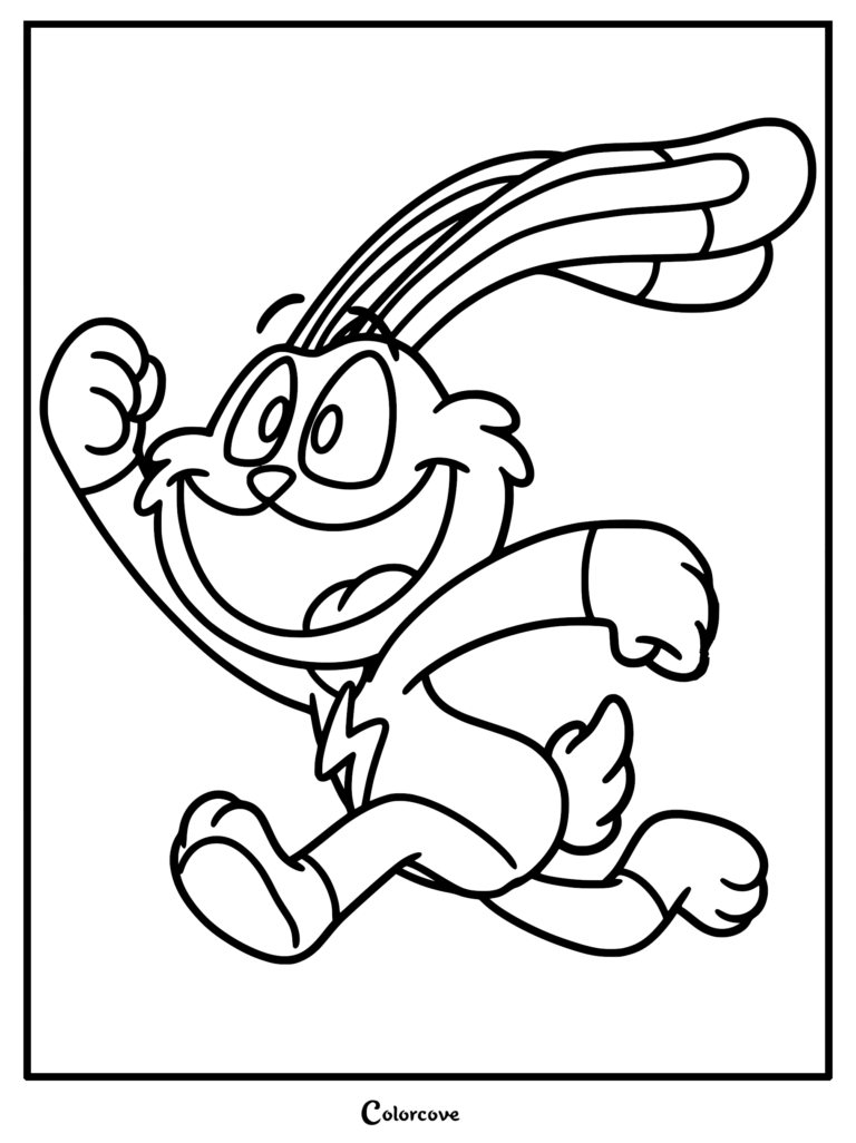 Printable coloring page of Hoppy Hopscotch from Poppy Playtime, featuring the energetic green rabbit character running with ears flowing backward and a lightning bolt symbol on her chest.