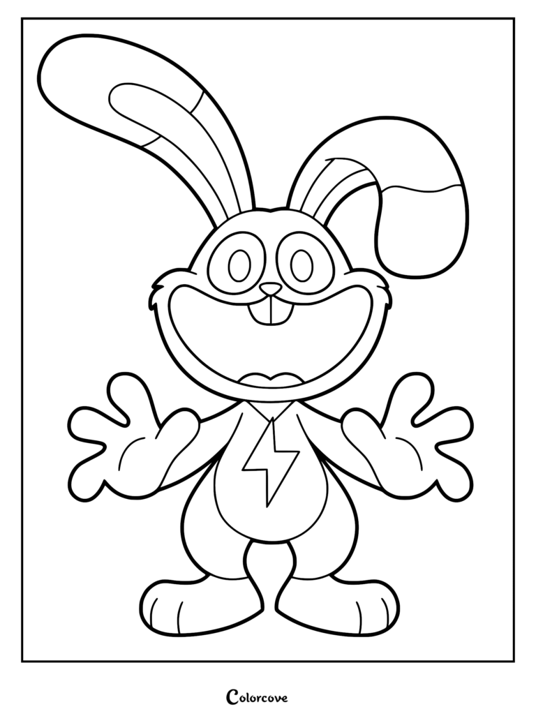 A printable coloring page of Hoppy Hopscotch from Smiling Critters, featuring the rabbit character with a lightning bolt emblem on its chest and one floppy ear.