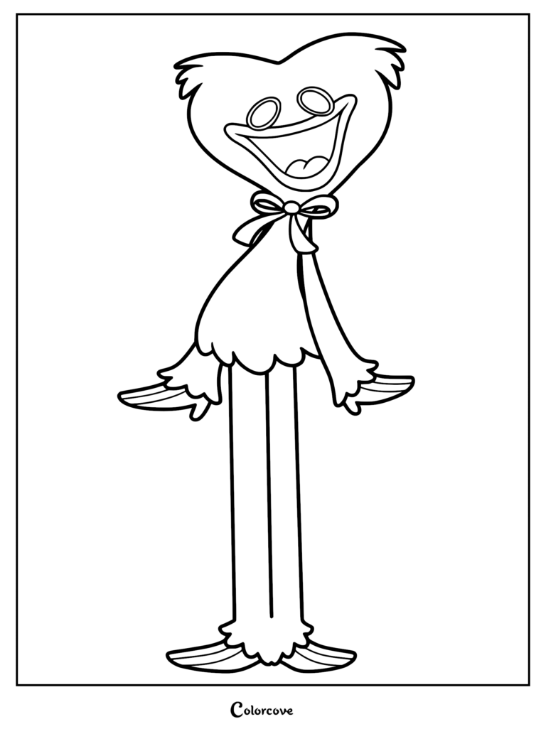 Huggy Wuggy from Poppy Playtime with a wide smile and bow tie, illustrated as a printable black and white coloring page.