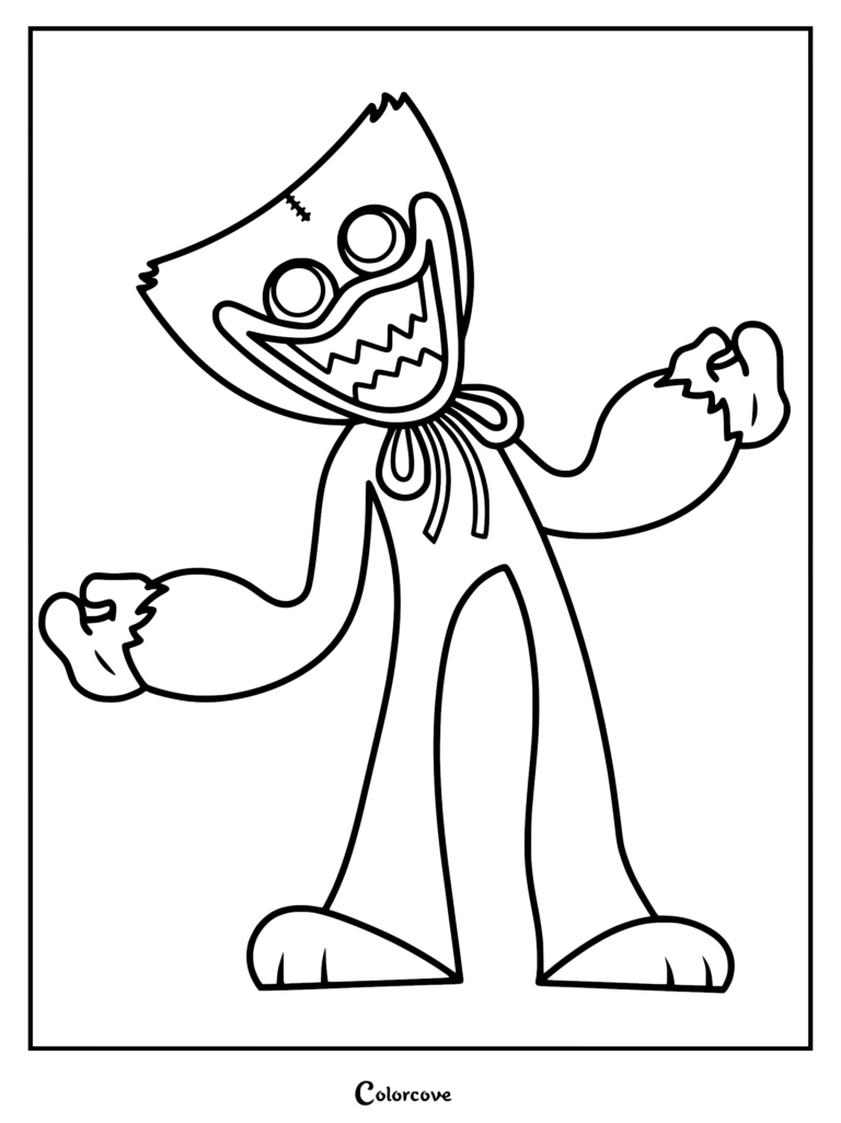 Huggy Wuggy from Poppy Playtime with wide grin and stitched head detail in a printable coloring page format.