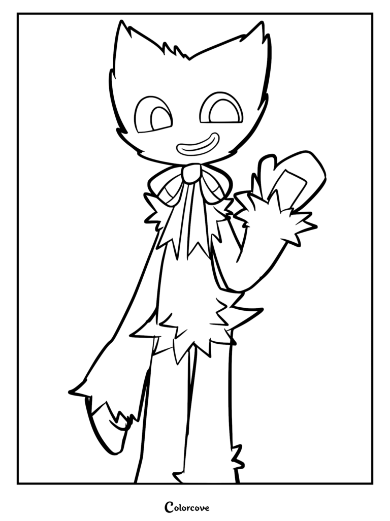 A friendly line art drawing of Huggy Wuggy from Poppy Playtime wearing a bow tie, rendered as a printable coloring page.