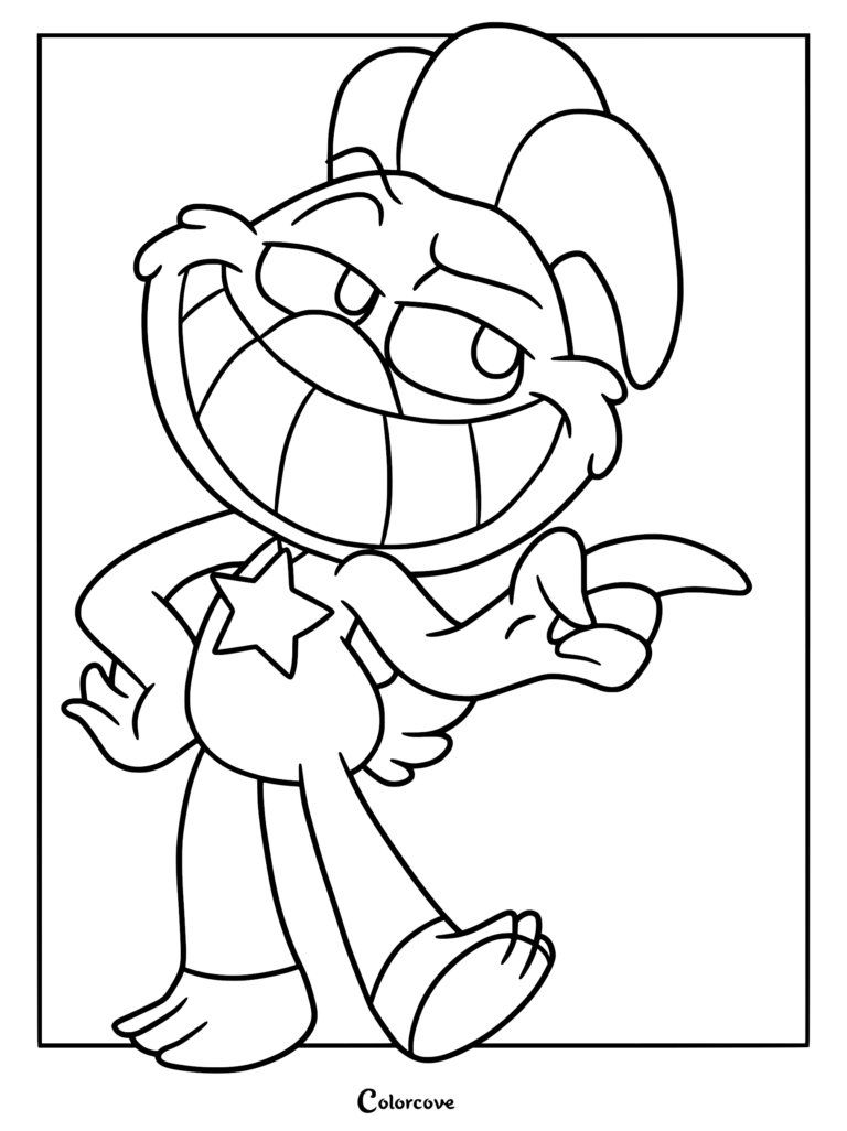 KickinChicken from Poppy Playtime, wearing a star pendant, smiling widely and gesturing with one hand in this free printable coloring page.