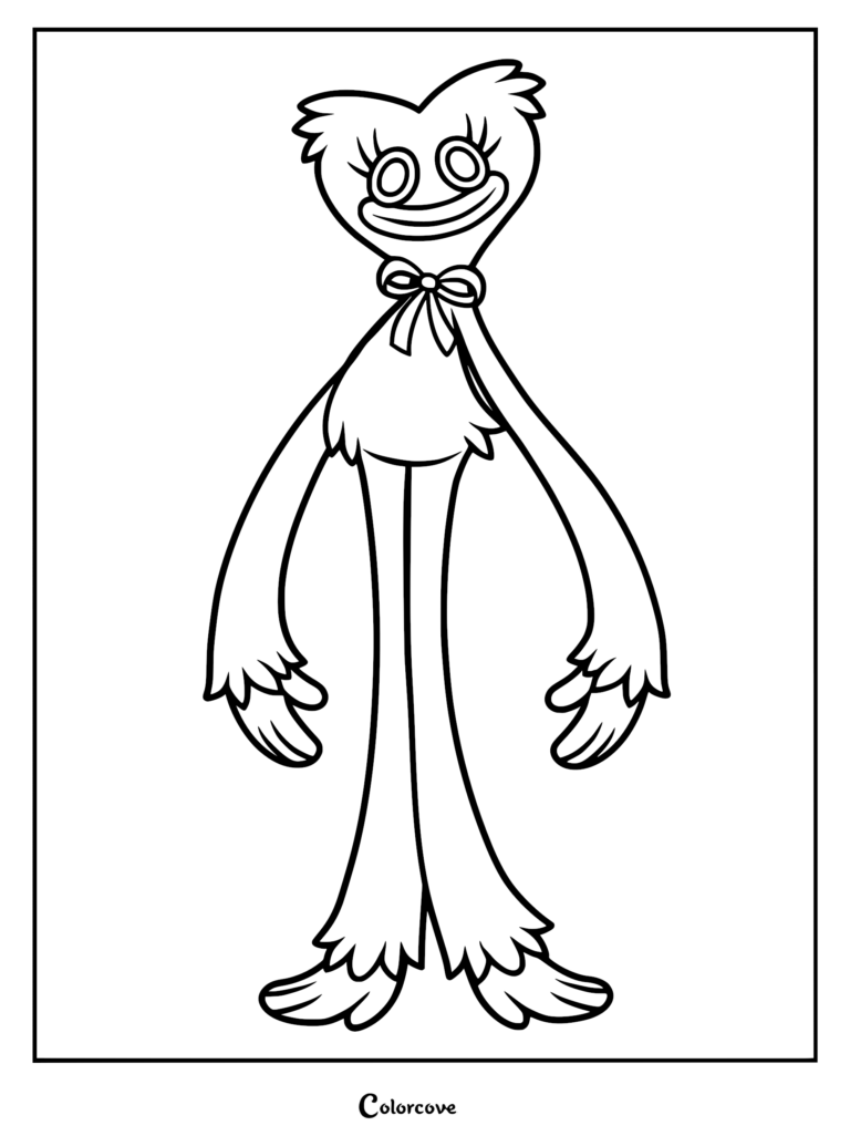 Kissy Missy from Poppy Playtime character line art coloring page with a pink bow and long limbs.