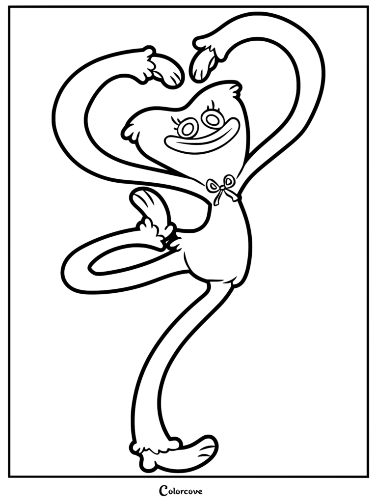 A printable coloring page featuring Kissy Missy from Poppy Playtime striking a pose with heart-shaped arms and a cute bow tie.