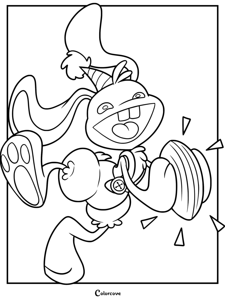 Bunzo Bunny from Poppy Playtime wearing a party hat and playing cymbals in this detailed line art coloring page.