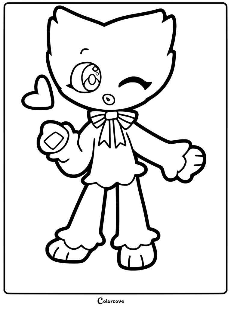 Chibi-style Kissy Missy from Poppy Playtime, winking with a heart symbol and holding a small gift, line art coloring page.