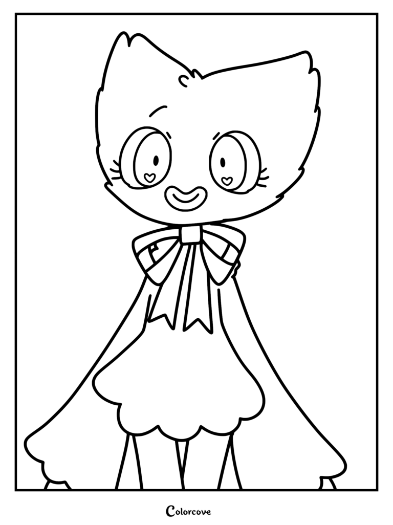 Kissy Missy from Poppy Playtime, depicted as a cute cartoon coloring page with heart-shaped pupils, eyelashes, and a prominent bow.