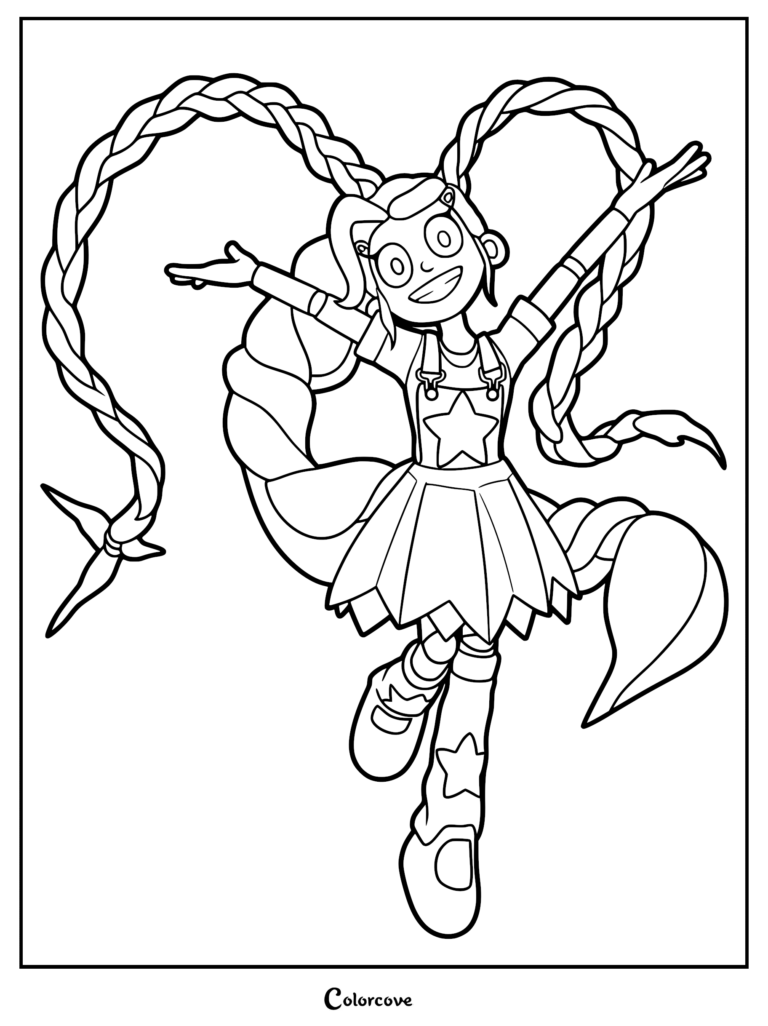 Lily Lovebraids from Poppy Playtime character line art, featuring long heart-shaped braided hair, star-patterned overalls, and a pleated skirt in a high-quality coloring page.