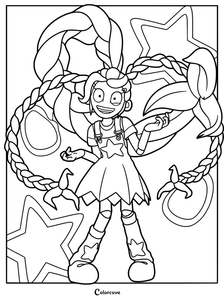 Lily Lovebraids from Poppy Playtime with giant braided hair, star-patterned dress, and star background, clean line art coloring page.