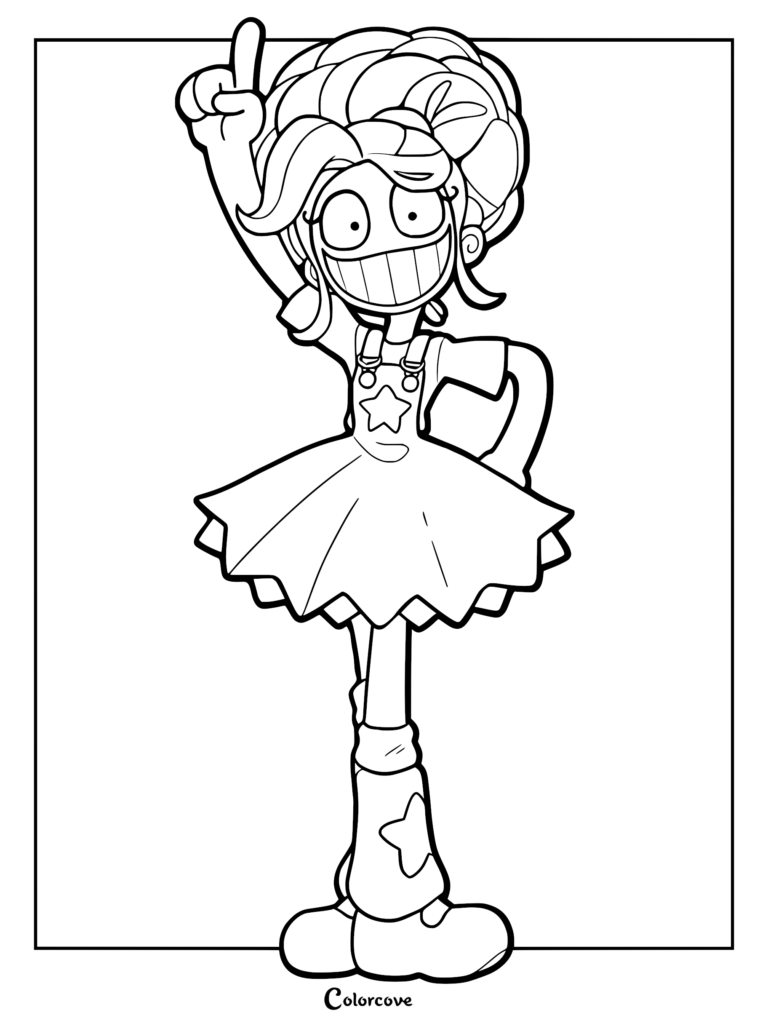 Lily Lovebraids from Poppy Playtime coloring page with an oversized braided hairstyle, wide toothy grin, star-patterned overalls, and pointer finger raised.