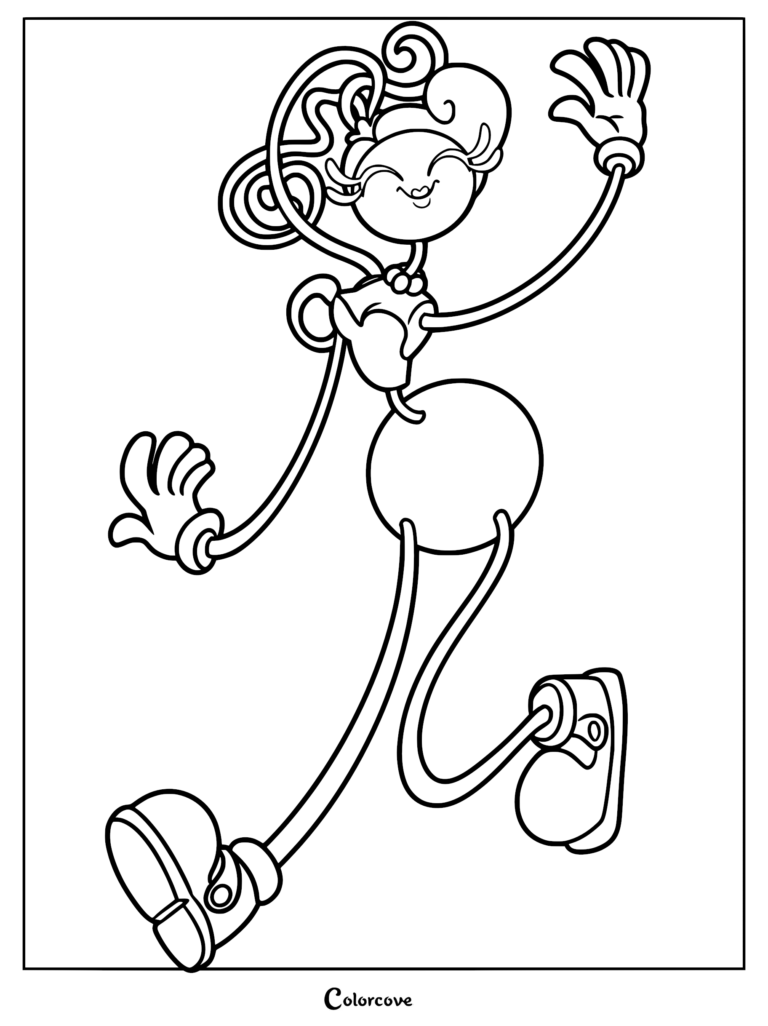 Mommy Long Legs character from Poppy Playtime with spiral hair, long limbs, and gloved hands, shown in a cheerful waving pose on a printable coloring page.