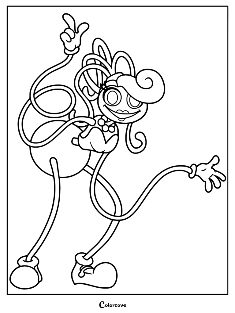 Mommy Long Legs from Poppy Playtime character coloring page, standing with one arm raised and one arm extended.