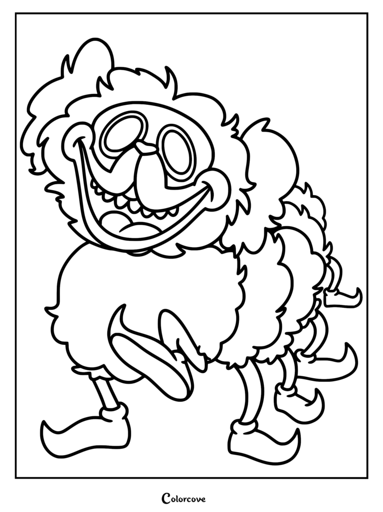 A printable PJ Pug-a-Pillar coloring page featuring the Poppy Playtime character with a wide, toothy grin, fluffy mane, and many spindly legs wearing curly-toed shoes.