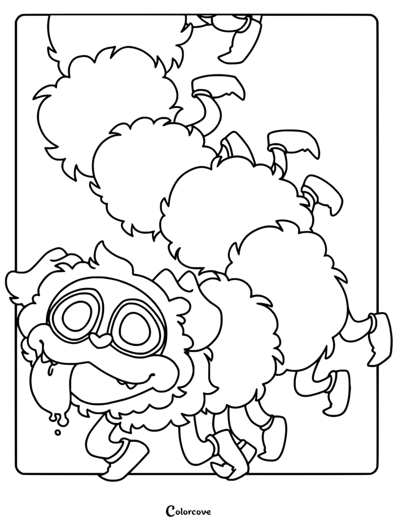 PJ Pug-a-Pillar from Poppy Playtime, featuring a long, segmented furry body with multiple legs and a drooling pug face, ready for a coloring page project.