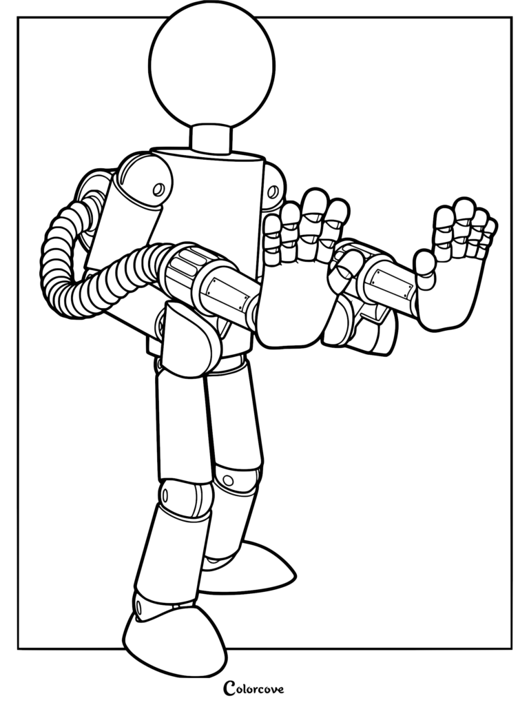 A detailed coloring page of the humanoid Player character from Poppy Playtime, featuring robotic arms with articulated hands reaching forward and coil-style cables attached to the back.