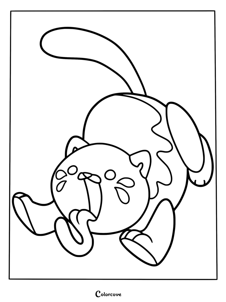 Candy Cat from Poppy Playtime reaching up with a long, curled tongue in a fun coloring page design.