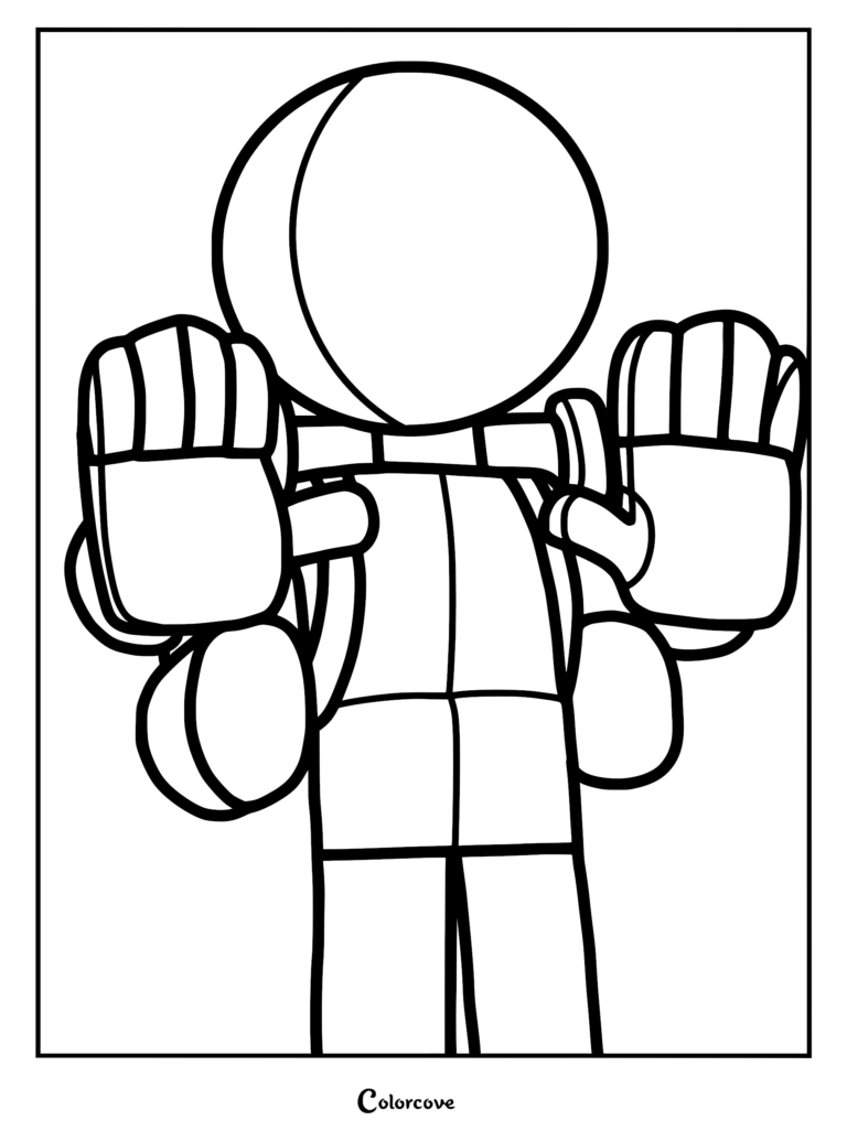 A printable coloring page of the Player character from Poppy Playtime wearing the iconic GrabPack with large gloved hands raised in front.