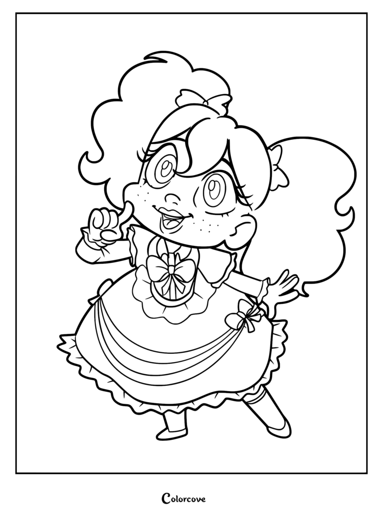 A printable coloring page featuring the Poppy Playtime doll with big eyes, pigtails, and a ruffled dress, posing with one hand up.